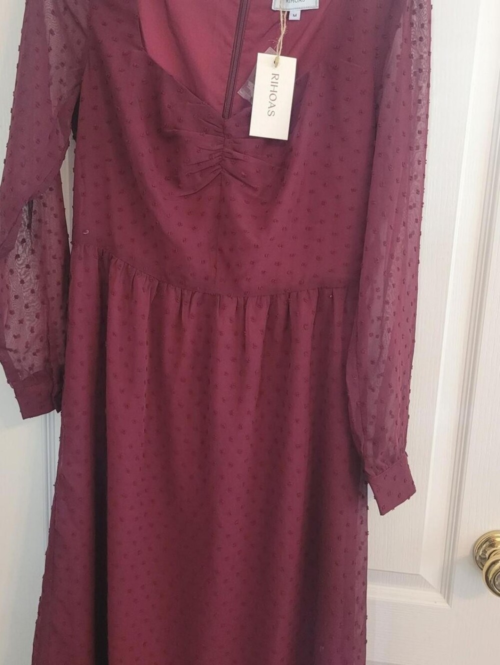 RIHOAS Womens Burgundy Sheer Dot Long Sleeve Dress